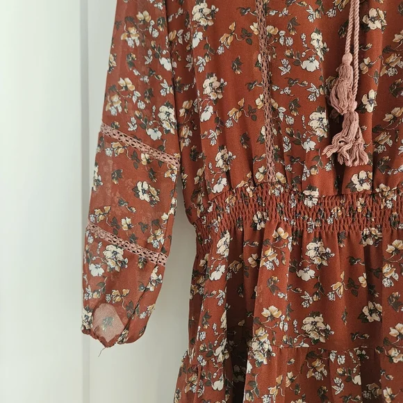 Lost + Wander Floral Long Sleeve Dress in Rust Anthropologie - Picture 3 of 6